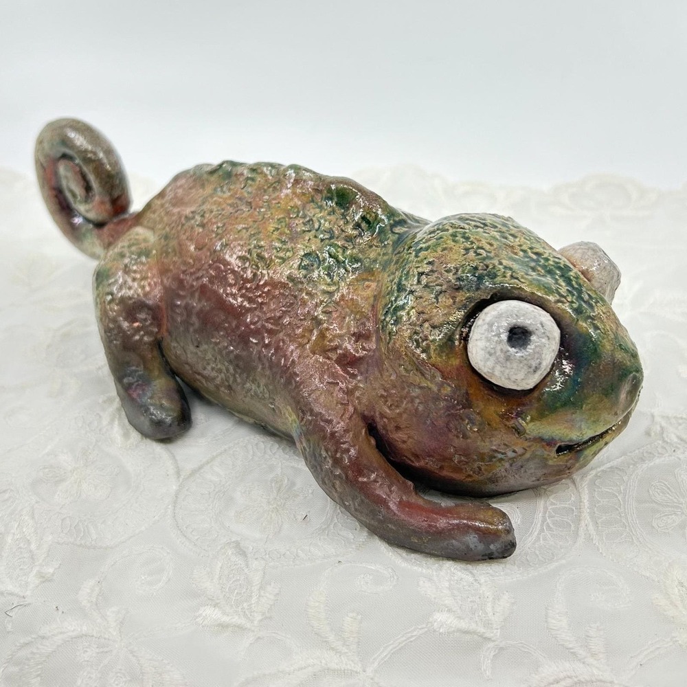 Handmade Raku Pottery Freeform Figurine Ceramic Chameleon Sculpture Wall Climber